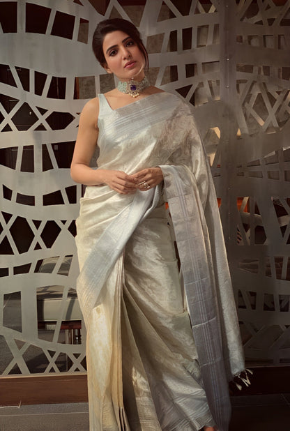 Bollywood Style Silver Soft Tissue Silk Saree With Winsome Blouse Piece