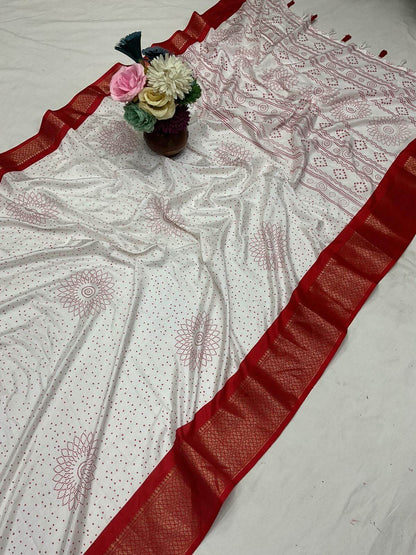 Sizzling Off White Digital Printed Dola Silk Saree With Preferable Blouse Piece