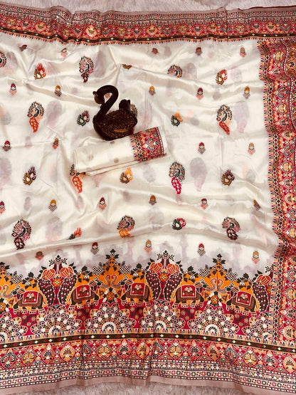 Glamorous Beige Pashmina Saree With Pulsating Blouse Piece