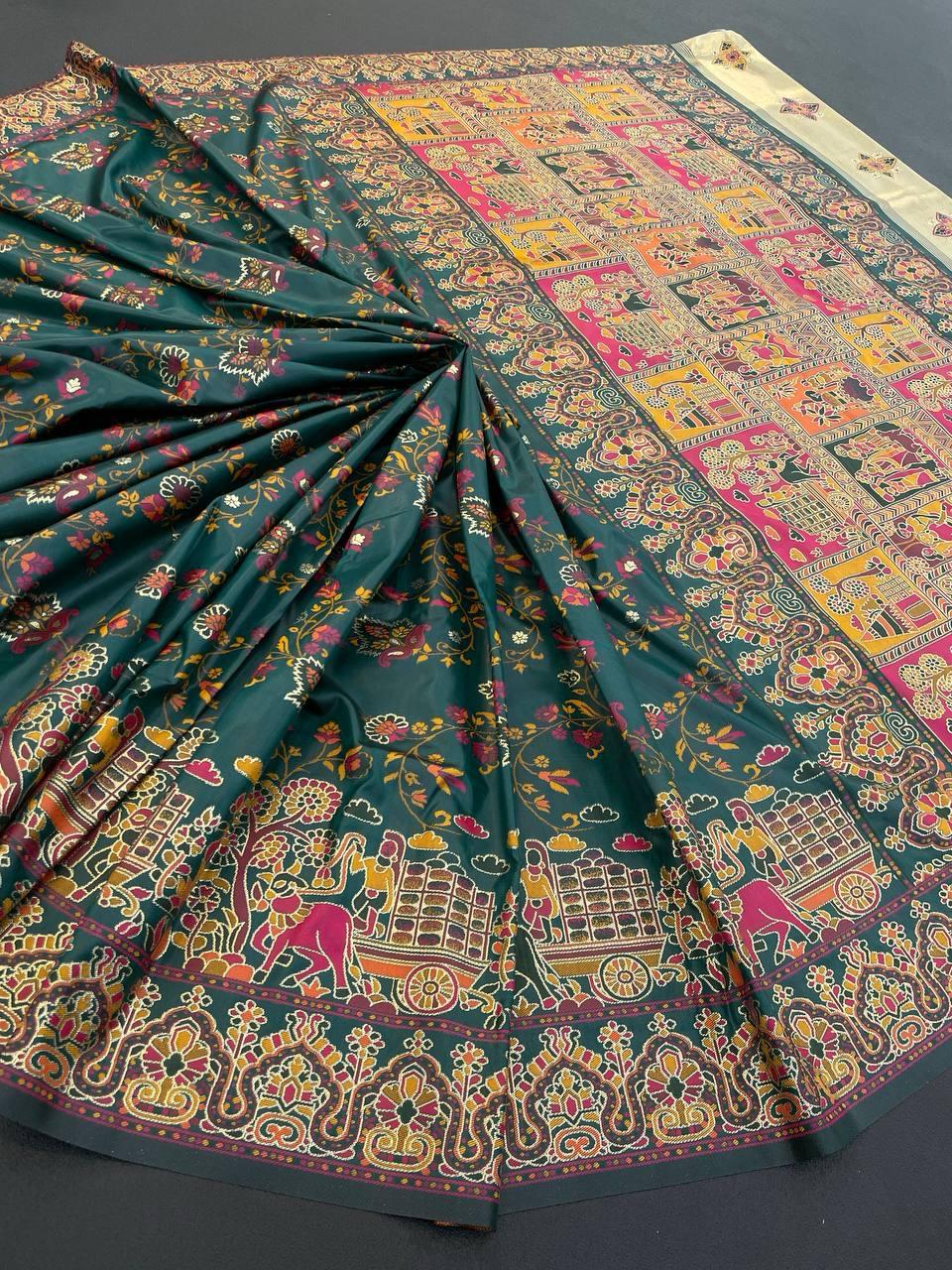 Sonorous Dark Green Pashmina Saree With Flaunt Blouse Piece