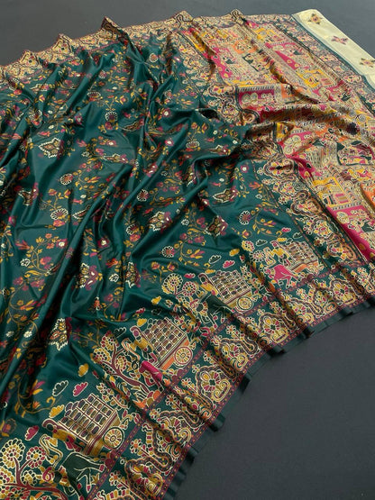 Sonorous Dark Green Pashmina Saree With Flaunt Blouse Piece