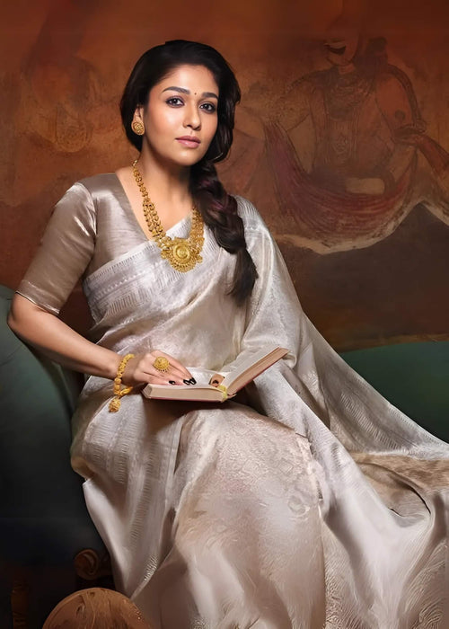 Bollywood Style Silver Soft Tissue Silk Saree With Resonant Blouse Piece