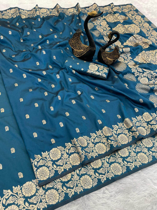 Delightful Blue Soft Banarasi Silk Saree With Elision Blouse Piece
