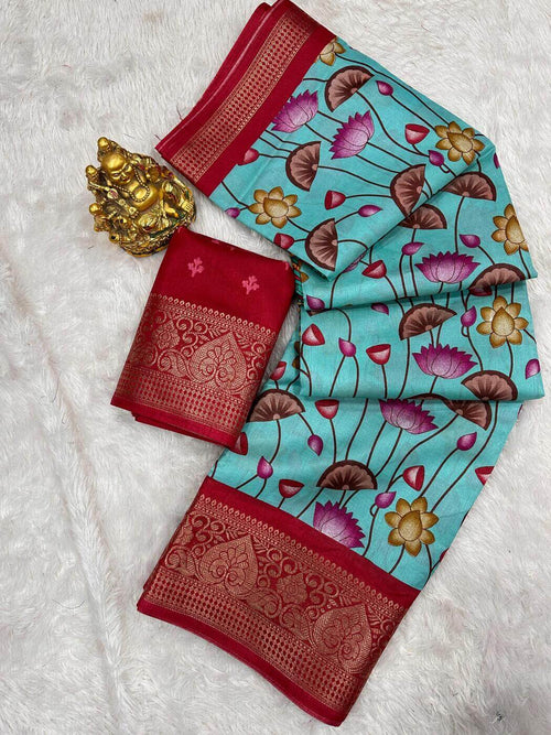 Blissful Firozi Digital Printed Dola Silk Saree With Desiring Blouse Piece