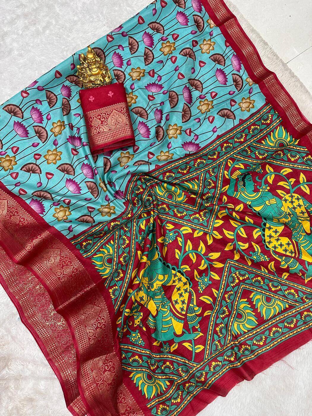 Blissful Firozi Digital Printed Dola Silk Saree With Desiring Blouse Piece