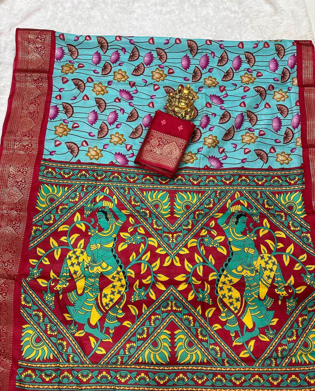 Blissful Firozi Digital Printed Dola Silk Saree With Desiring Blouse Piece