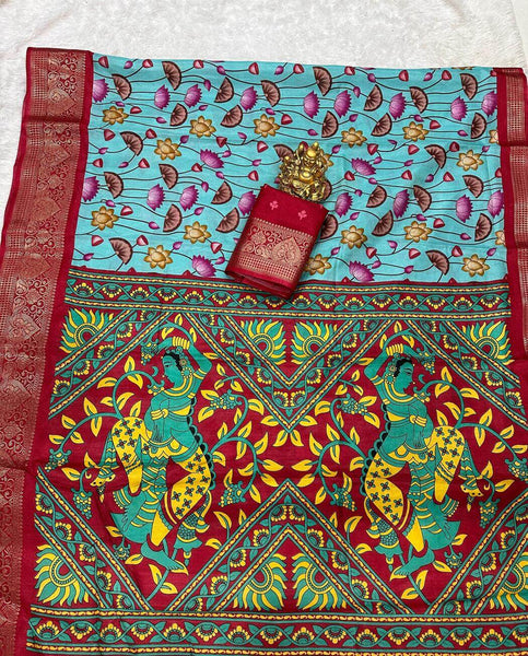 Blissful Firozi Digital Printed Dola Silk Saree With Desiring Blouse Piece