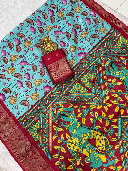 Blissful Firozi Digital Printed Dola Silk Saree With Desiring Blouse Piece