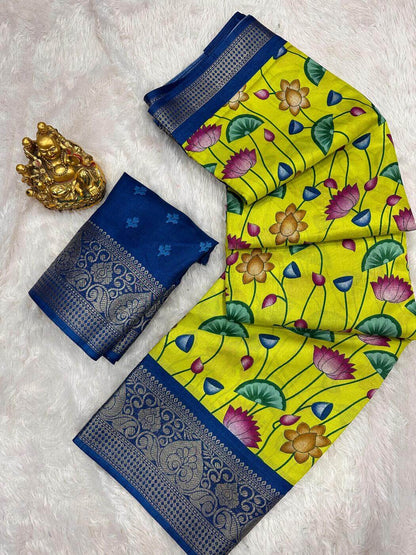 Bucolic Parrot Digital Printed Dola Silk Saree With Surreptitious Blouse Piece