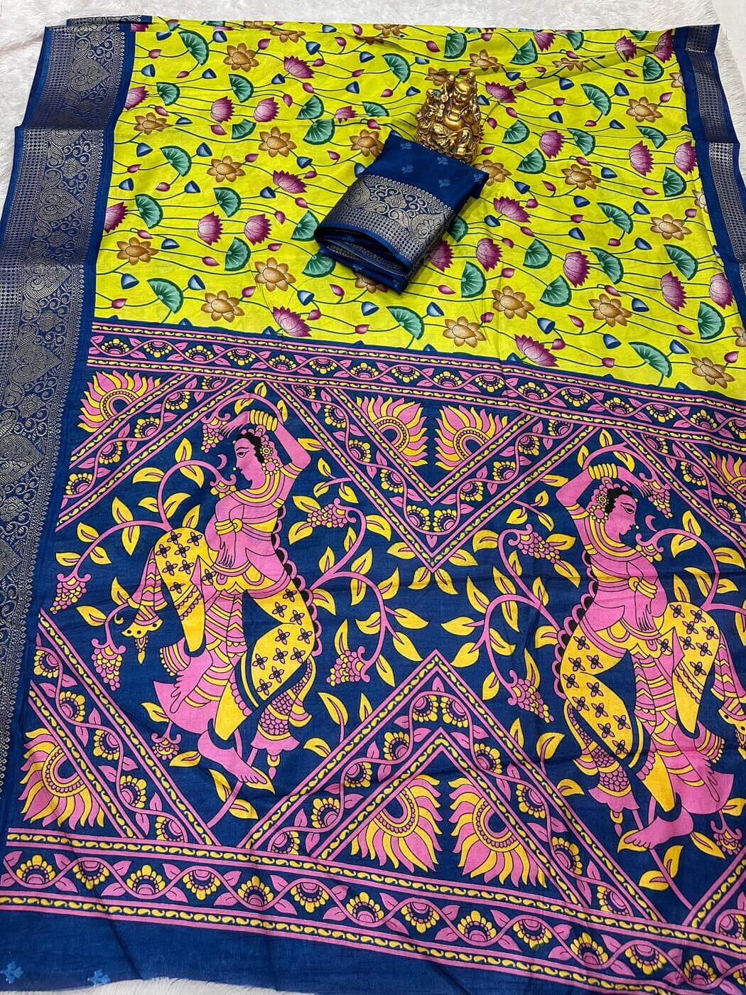 Bucolic Parrot Digital Printed Dola Silk Saree With Surreptitious Blouse Piece