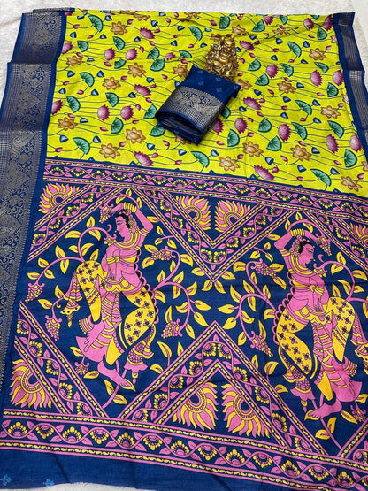 Bucolic Parrot Digital Printed Dola Silk Saree With Surreptitious Blouse Piece