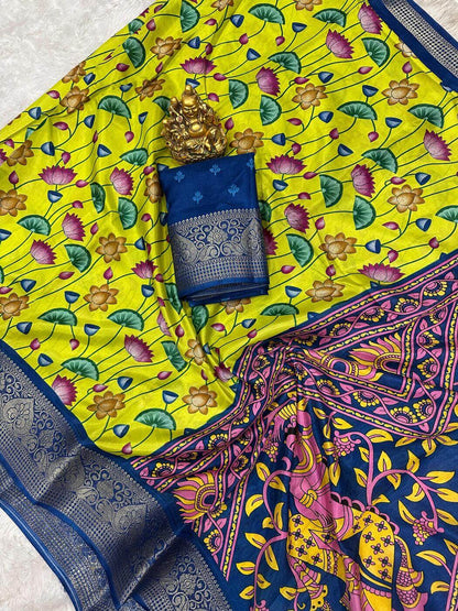 Bucolic Parrot Digital Printed Dola Silk Saree With Surreptitious Blouse Piece