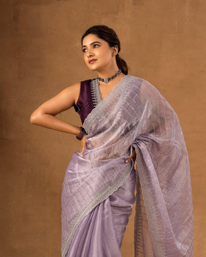 Nemesis Lavender Embroidery Work Organza Silk Saree With Glamorous Blouse Piece