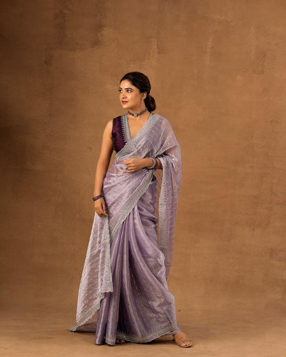 Nemesis Lavender Embroidery Work Organza Silk Saree With Glamorous Blouse Piece