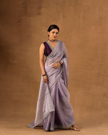 Nemesis Lavender Embroidery Work Organza Silk Saree With Glamorous Blouse Piece