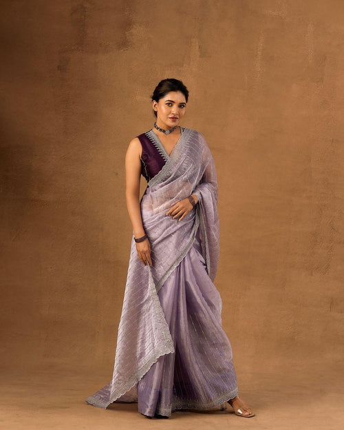 Nemesis Lavender Embroidery Work Organza Silk Saree With Glamorous Blouse Piece