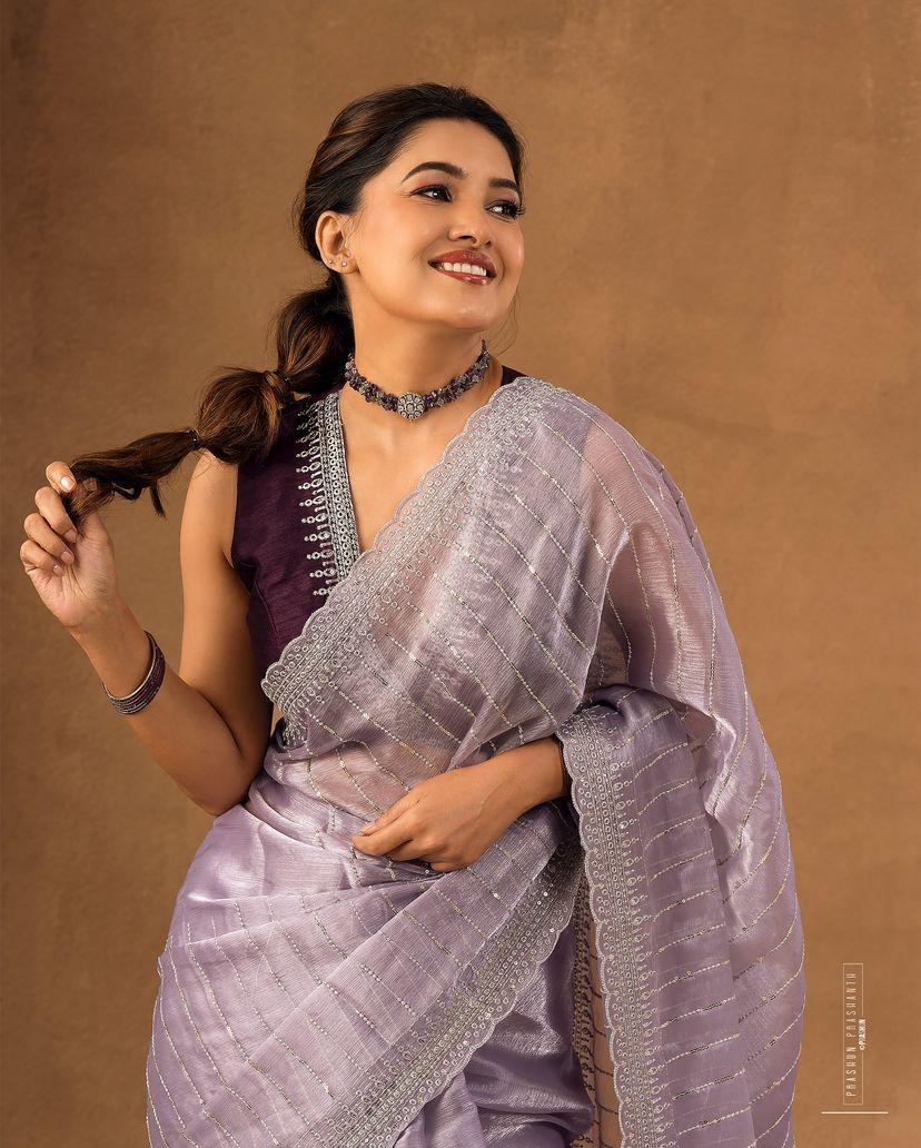 Nemesis Lavender Embroidery Work Organza Silk Saree With Glamorous Blouse Piece