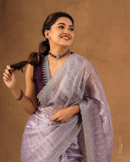 Nemesis Lavender Embroidery Work Organza Silk Saree With Glamorous Blouse Piece