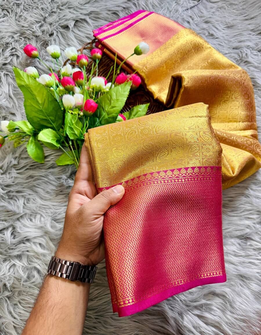 Bollywood Style Golden Soft Tissue Silk Saree With Artistic Blouse Piece