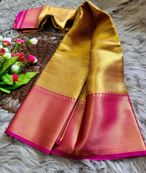 Bollywood Style Golden Soft Tissue Silk Saree With Artistic Blouse Piece