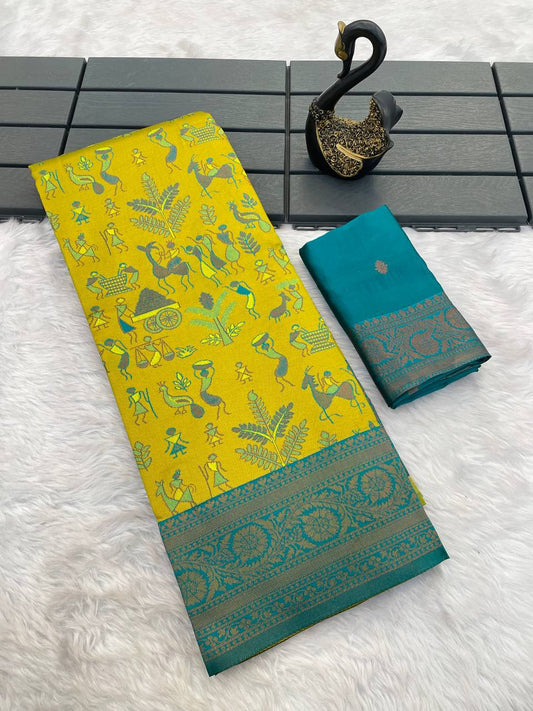 Staggering Yellow Soft Banarasi Tissue Silk Saree With Classy Blouse Piece