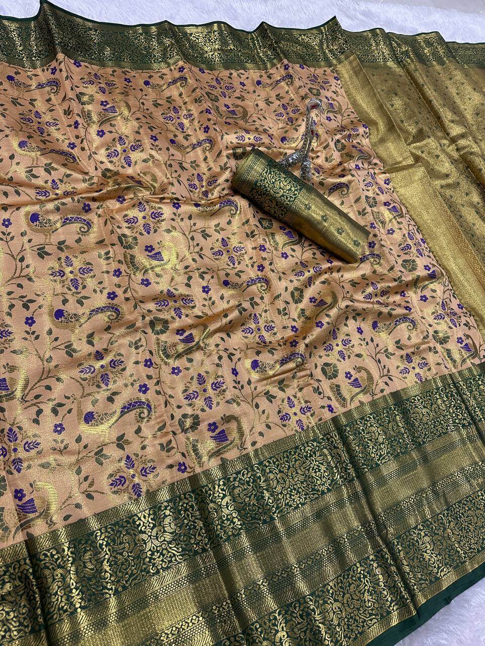 Beguiling Beige Kanjivaram Silk Saree With Profuse Blouse Piece