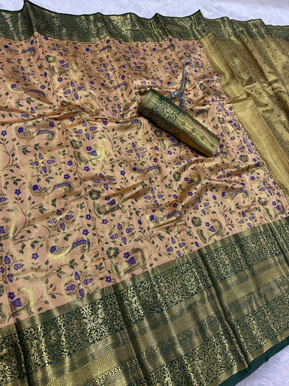 Beguiling Beige Kanjivaram Silk Saree With Profuse Blouse Piece