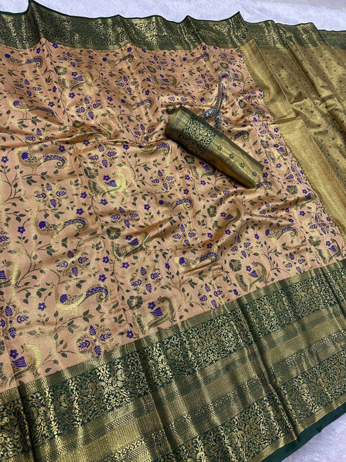 Beguiling Beige Kanjivaram Silk Saree With Profuse Blouse Piece