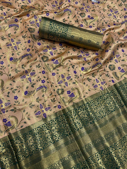 Beguiling Beige Kanjivaram Silk Saree With Profuse Blouse Piece