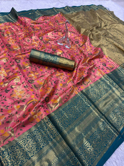 Capricious Pink Kanjivaram Silk Saree With Elision Blouse Piece