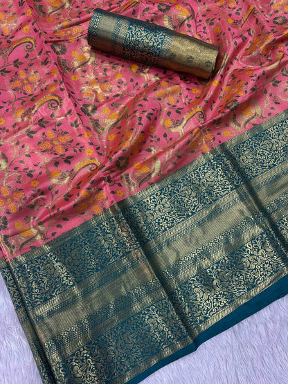 Capricious Pink Kanjivaram Silk Saree With Elision Blouse Piece