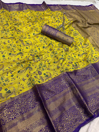Surreptitious Yellow Kanjivaram Silk Saree With Prodigal Blouse Piece