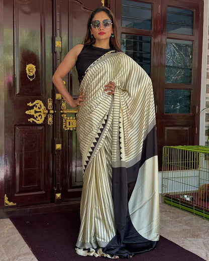 Diaphanous Beige Digital Printed Crape Silk Saree With Nectarous Blouse Piece