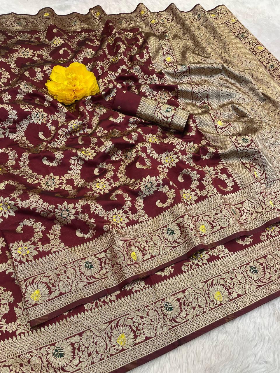 Serendipity Maroon Soft Banarasi Silk Saree With Imbrication Blouse Piece