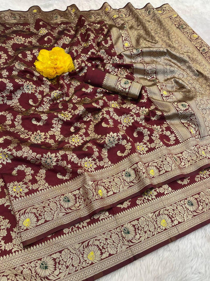 Serendipity Maroon Soft Banarasi Silk Saree With Imbrication Blouse Piece