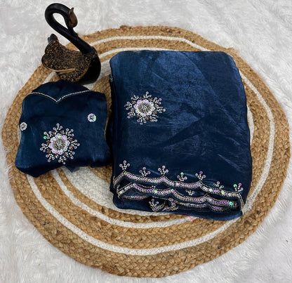 Traditional Blue Sequence Work Fandy Silk Saree With Demure Blouse Piece