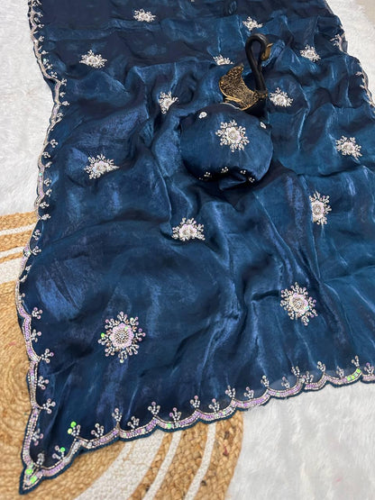 Traditional Blue Sequence Work Fandy Silk Saree With Demure Blouse Piece