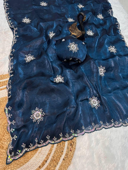 Traditional Blue Sequence Work Fandy Silk Saree With Demure Blouse Piece