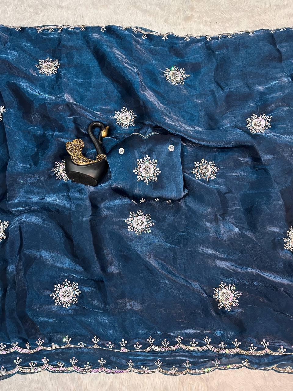 Traditional Blue Sequence Work Fandy Silk Saree With Demure Blouse Piece