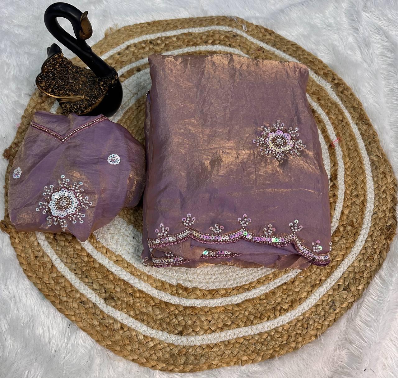 Gratifying Lavender Sequence Work Fandy Silk Saree With Vivacious Blouse Piece