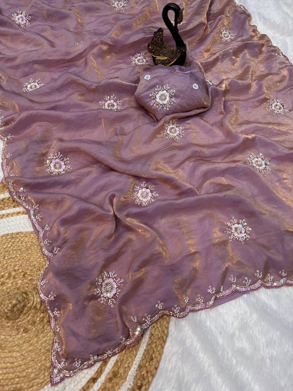 Gratifying Lavender Sequence Work Fandy Silk Saree With Vivacious Blouse Piece