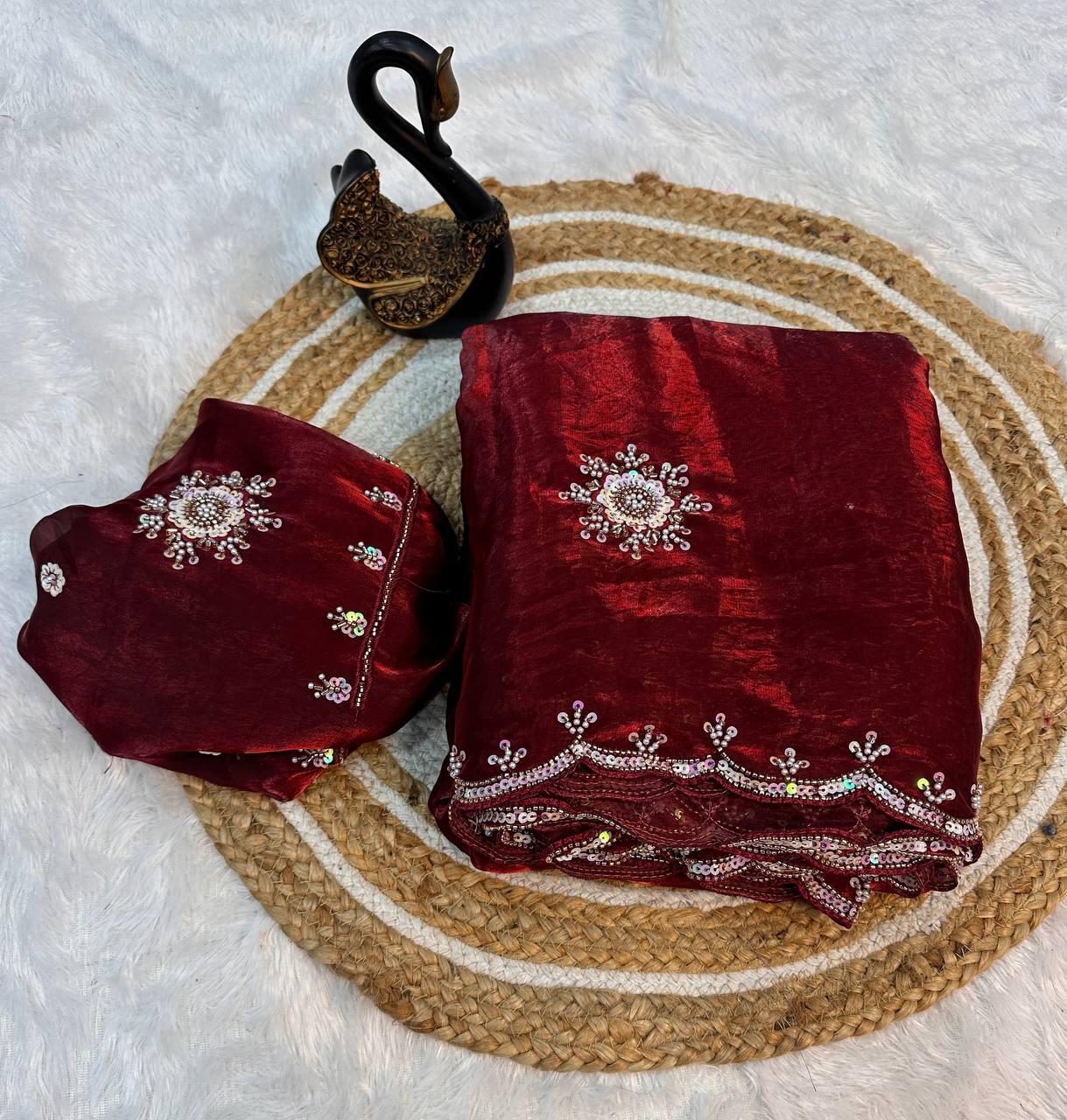 Amazing Maroon Sequence Work Fandy Silk Saree With Entrancing Blouse Piece