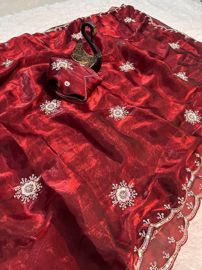 Amazing Maroon Sequence Work Fandy Silk Saree With Entrancing Blouse Piece