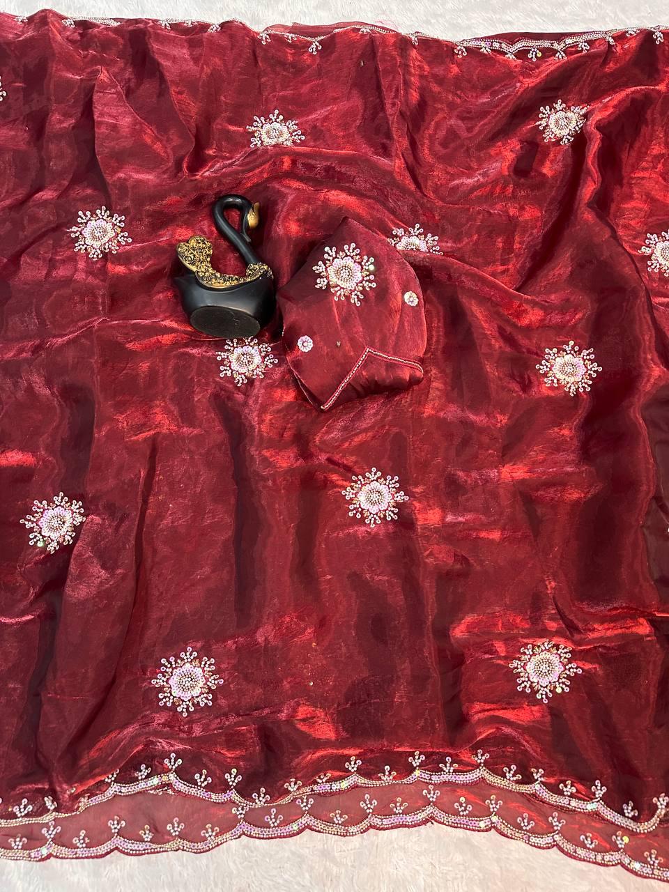 Amazing Maroon Sequence Work Fandy Silk Saree With Entrancing Blouse Piece