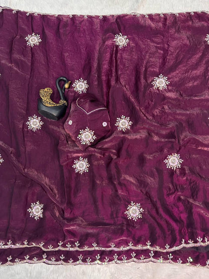 Glowing Purple Sequence Work Fandy Silk Saree With Fairytale Blouse Piece