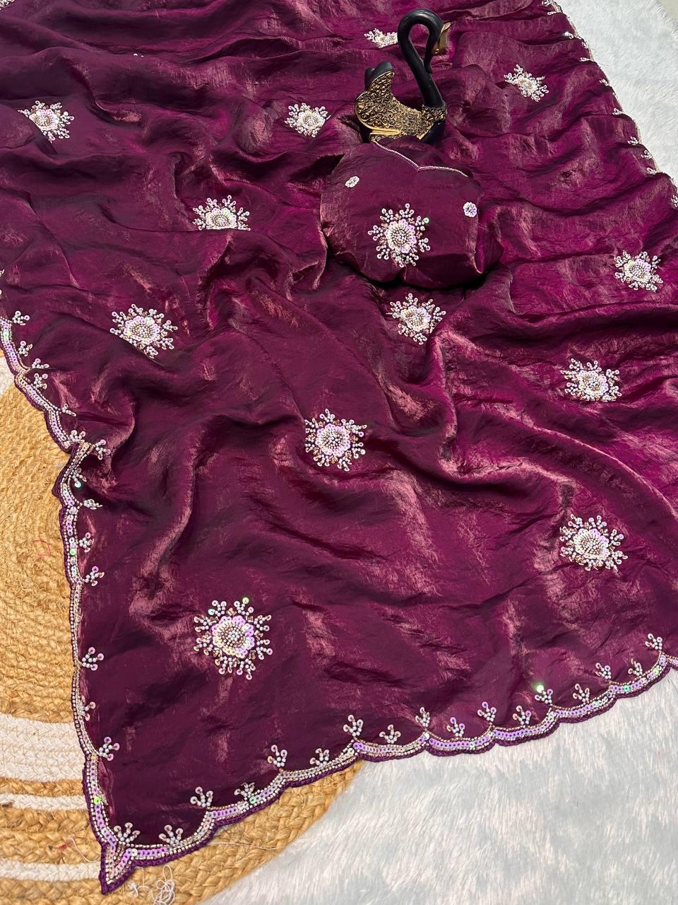 Glowing Purple Sequence Work Fandy Silk Saree With Fairytale Blouse Piece