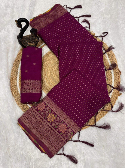 Beautiful Purple Soft Banarasi Silk Saree With Snazzy Blouse Piece