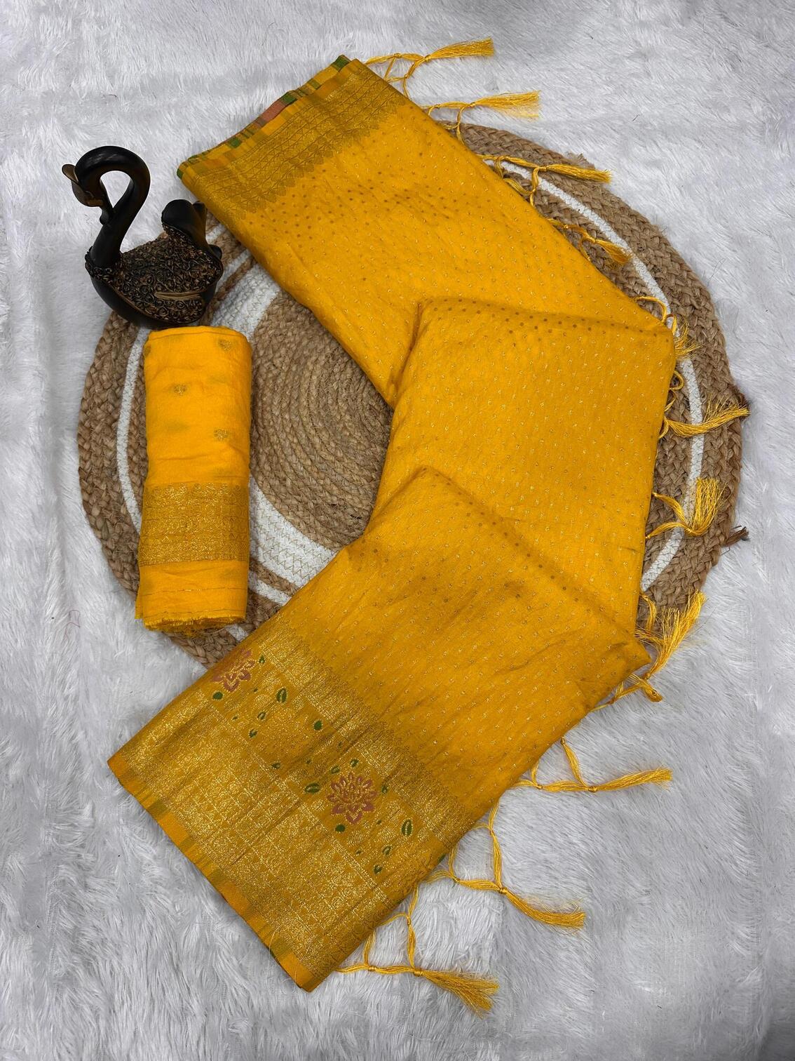 Beautiful Yellow Soft Banarasi Silk Saree With Snazzy Blouse Piece