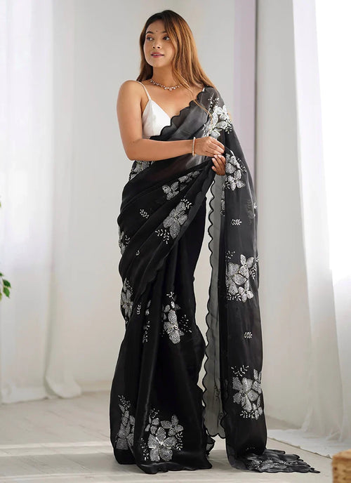 Glowing Black Sequence Work Jimmy Choo Silk Saree With Fairytale Blouse Piece