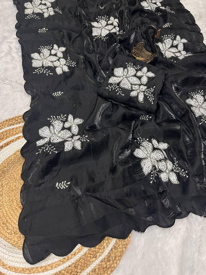 Glowing Black Sequence Work Jimmy Choo Silk Saree With Fairytale Blouse Piece